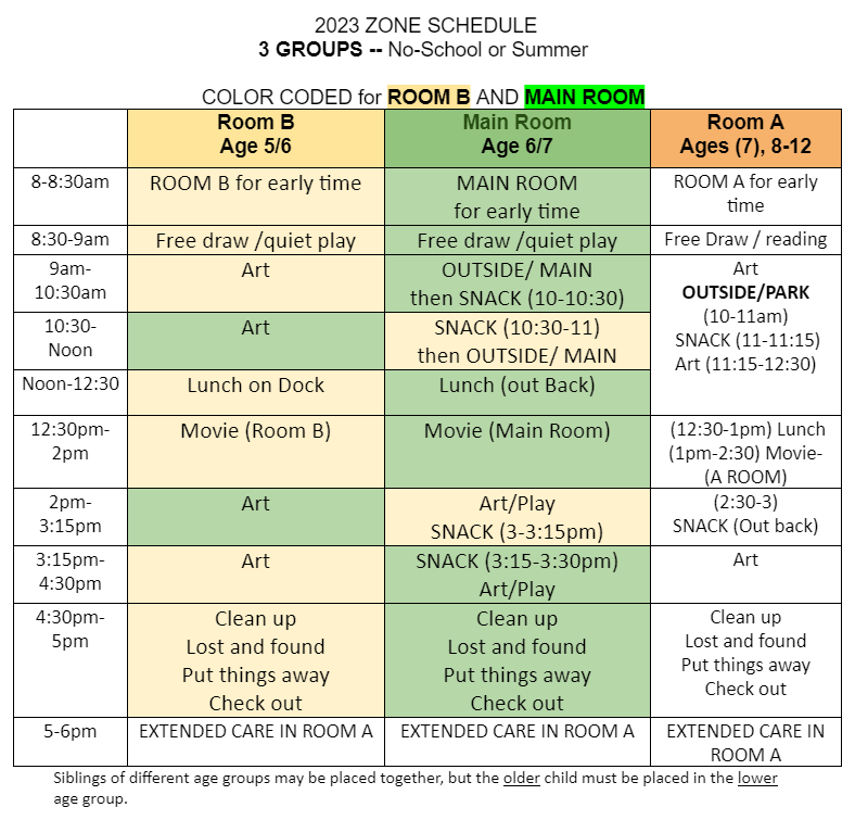 Typical No-School Daily Schedule - Zone of Light Studio