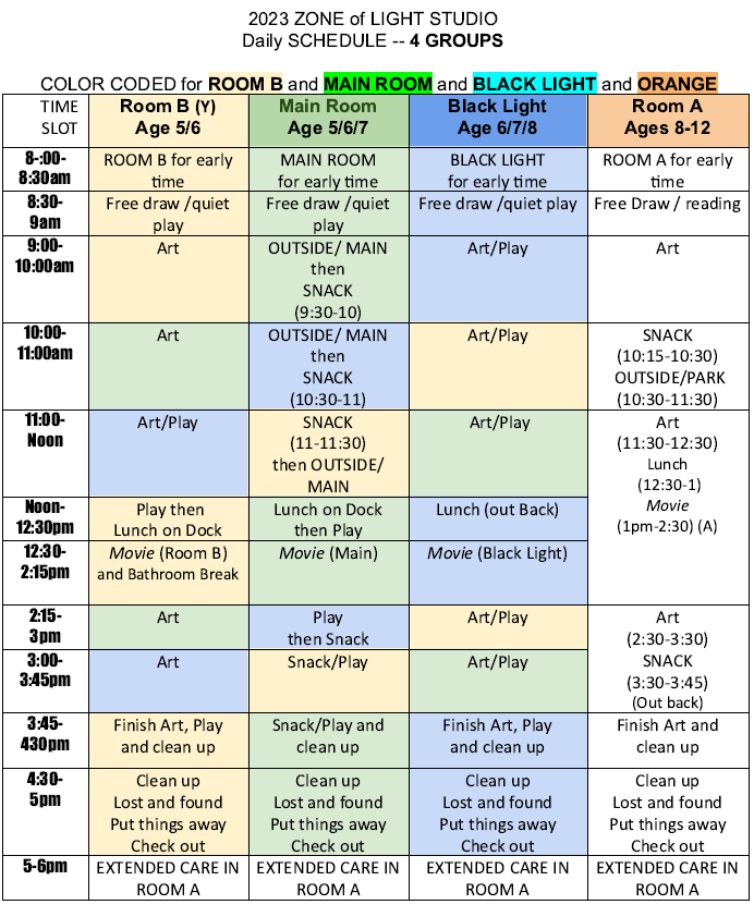 Typical No-School Daily Schedule - Zone of Light Studio